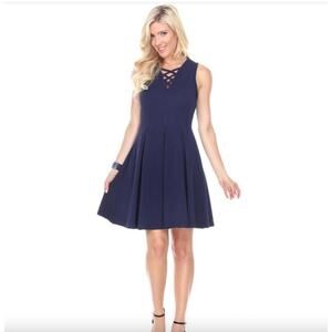 Shay Pleated Fit & Flare Dress New by White Mark Navy Blue Sleeveless Size XS